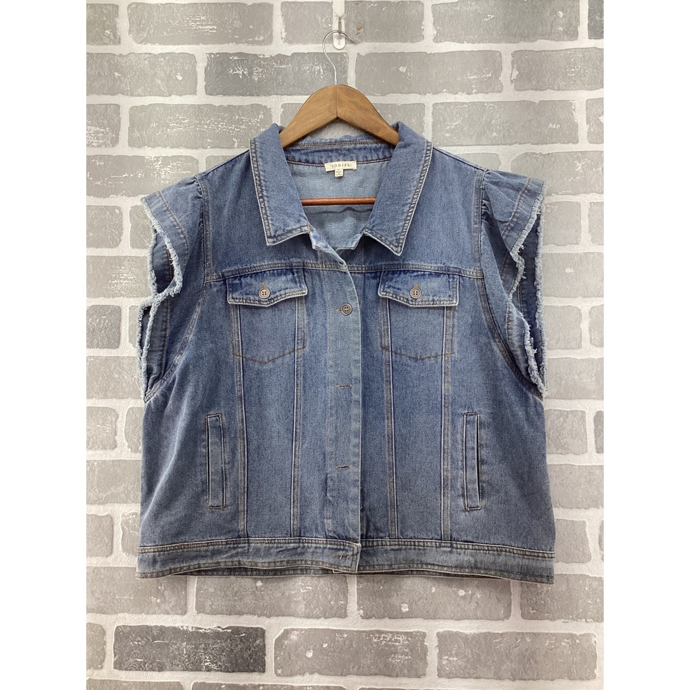 JODIFL Womens Blue‎ Denim Vest Frayed Ruffle Cap Sleeve Button Front B41799-1 L